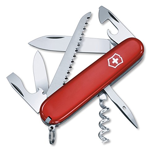 Victorinox Camper Swiss Army Knife, 13 Function Swiss Made Pocket Knife with Large Blade, Screwdriver, Tweezers and Key Ring - Red