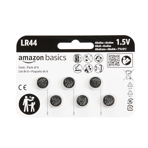 Amazon Basics 6-Pack LR44 Alkaline Button Coin Cell Battery, 1.5 Volt, Long Lasting Power, Mercury-Free