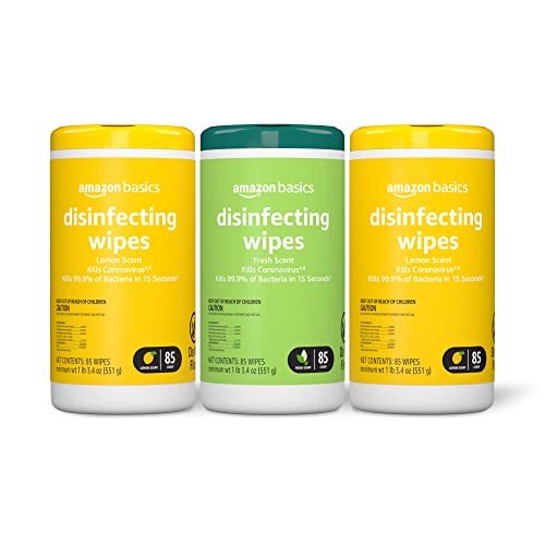 Amazon Basics Disinfecting Wipes, Lemon & Fresh Scent, Sanitizes, Cleans, Disinfects & Deodorizes, 255 Count (3 Packs of 85)