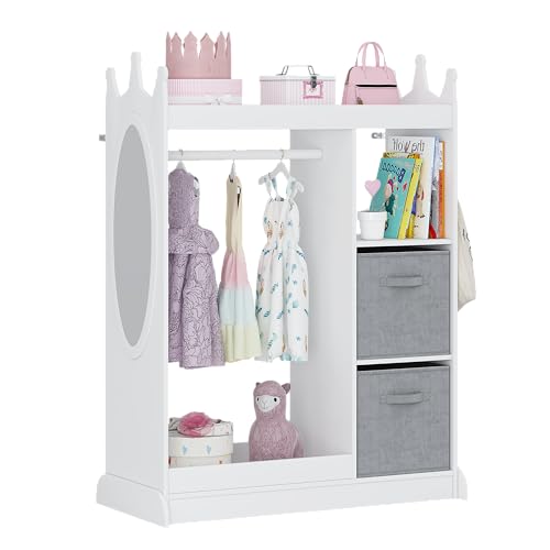 UTEX Kids Play Armoire with Mirror, Storage Bins and Closet for Dress Up and Costumes (White)