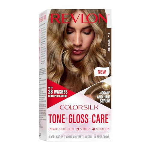 Revlon ColorSilk Tone + Gloss + Care Demi Permanent Hair Color, Hair Dye with Leave in Scalp and Hair Serum, 2x Shinier, 4x Stronger, 7 Dark Blonde, 4.5 fl. oz