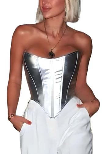 ABMOIU Leather Corset Tops for Women Strapless Lace Up Boned Sweetheart Neck Bodyshaper Bustier Sexy Crop Top Silver Small