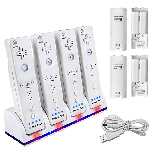 TechKen Charging Station for Wii Controller with 4 Rechargeable Battery Pack, 4 Ports Charger Dock for Wii Controller (Wii Remotes not Included) LED indicats