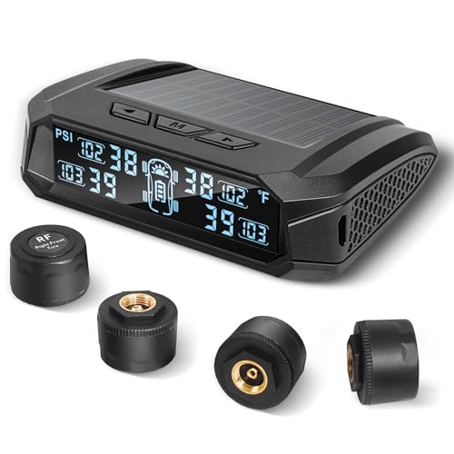 Masoll RV tire Pressure Monitoring System, Wireless TPMS Tire Pressure Monitor System with Solar Charger, RV TPMS with 4 tire Pressure Sensors & 6 Alarm Modes(0-87 PSI)