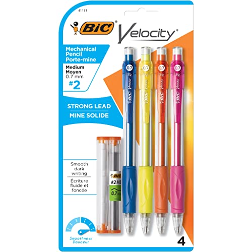 BIC Velocity Original Mechanical Pencils, Medium Point (0.7 mm), Assorted Colored Barrels, 4-Count Pack, Pencils for Office and School Supplies (MV7P41-BLK)