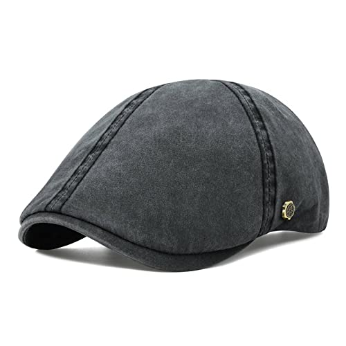 VOBOOM Cotton Flat Cap Cabbie Hat Gatsby Ivy Cap Irish Hunting Hat Newsboy (Washed Black)