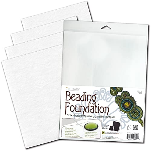 The Beadsmith Beading Foundation – 8.5 x 11 inches – White Fabric – 4 Sheets – Made in The USA – Stiff & Durable Material Used for Bead & Stitch Embroidery, cabochon Beading and Sewing