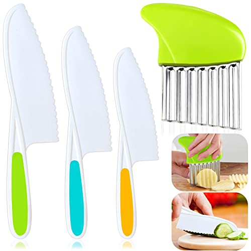 TAORISH 4 Pcs Kids Knife Set, Nylon Kitchen Knife with Crinkle Cutter, Serrated Edges Plastic Toddler Chef Knife for Real Cooking & Cutting Fruit Bread