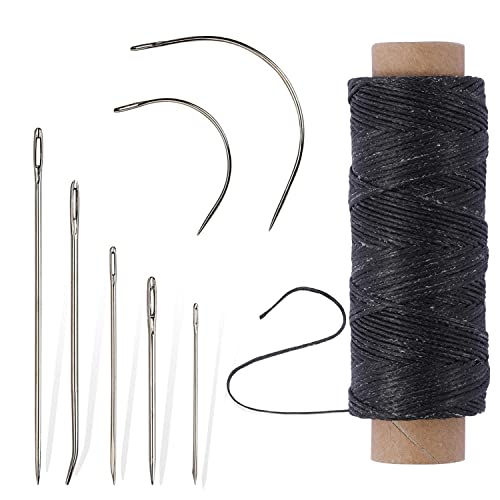 55Yards Waxed Thread Needle and Thread Kit with 7 Pcs Leather Needles for Hand Sewing Leather Sewing Thread Kit for Weave Upholstery Leather Canvas Bags Sofa (Black)