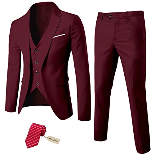 MYS Men's Blazer Vest Pants Set, Solid Party Wedding Dress, One Button Jacket Waistcoat and Trousers, 3 Piece Slim Fit Suit with Tie Burgundy