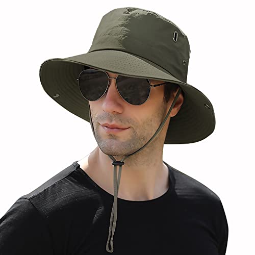 Muryobao Men Sun Hat Summer Wide Brim UPF 50+ UV Protection Bucket Cap Waterproof Foldable Boonie Hats for Safari Fishing Hiking Army Green