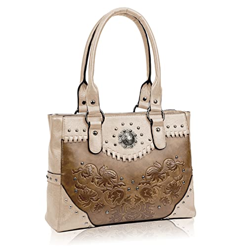 LAVAWA Tote Bag for Women Large Western Purse Ladies Top Handle Shoulder Handbags Vintage Embossed Concho Studs (White)