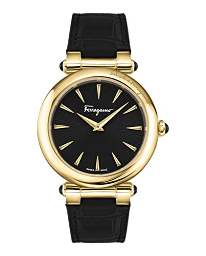 Ferragamo Womens Swiss Made Watch Idillio Collection Featuring Adustable Black Genuine Leather Strap with Black Sunray Dial and Stainless Steel with Gold Details Swiss Quartz Movement