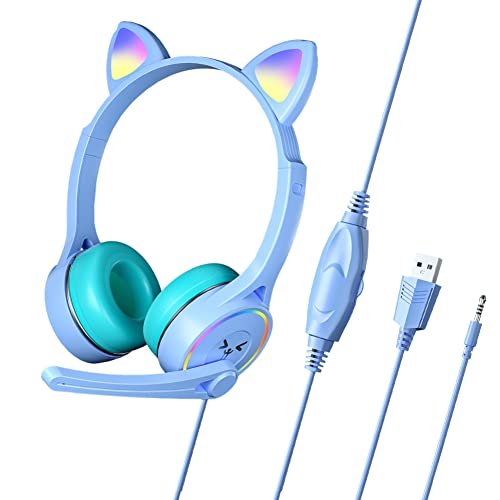 UUPOI USB Cat Ear Gaming Headphones Wired, with LED Light, Stereo Game Music Surround Sound Over-Ear Headsets with Microphone Kids Adult Gift for PC, PS4, Switch, Mobile, Laptop