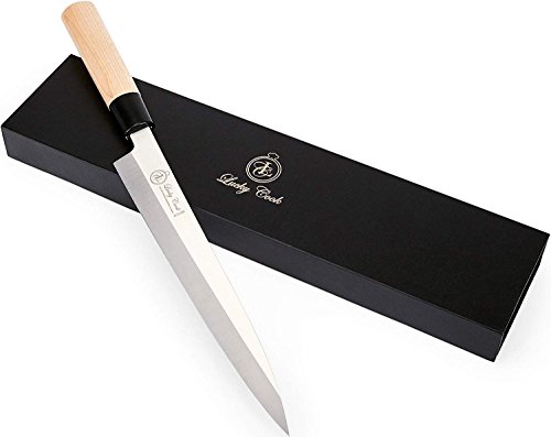 Lucky Cook Sashimi Sushi Knife 10 Inch - Knife For Cutting Sushi & Sashimi, Fish Filleting & Slicing - Very Sharp Stainless Steel Blade & Traditional Wooden Handle + Gift Box