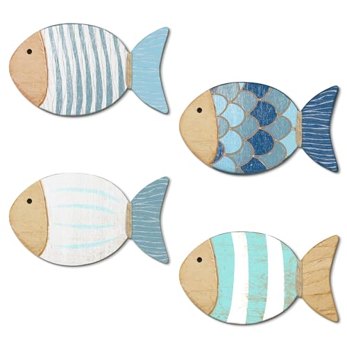 Putuo Decor 4 Ps Wood Fish Nautical Beach Wall Decor Wooden Fish Wall Art Hanging Fish Wall Sculpture Decor Lake House Ocean Decor Vintage Blue Fish Ornaments for Home Bathroom Bedroom Kid's Room