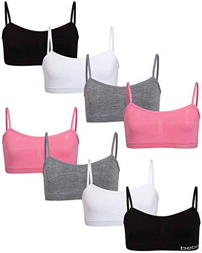 bebe Girl's Training Bra - 8 Pack Seamless Training Cami Sports Bralette (S-L), Size Large, Soft Pink/Heather Grey/White/Black