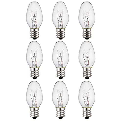 9-Pack,7 Watt Salt Lamps and Night Light Replacement Bulbs, Crystal Clear Glass,C7/7 Watt/120 V/45 Lumen,E12 Candelabra Base Long Life Incandescent Bulbs