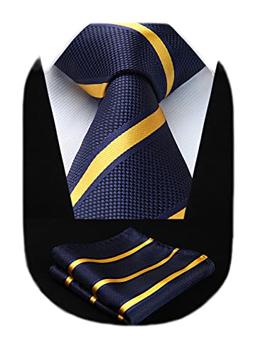 HISDERN Striped Wedding Tie Handkerchief Woven Classic Men's Necktie & Pocket Square Set,Yellow / Navy,One Size