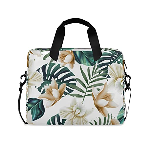 Seamless Green Tropical Pam Tree Leaves White Flowers on White Laptop Messenger Bag Tablet Briefcase, Case Sleeve Suitable for 14 inches to 16 inches with Adjustable Shoulder Strap