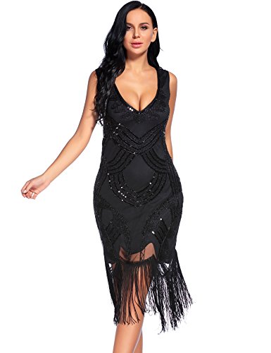 Women's 1920s Gatsby Dress V Neck Sequin Beads Cocktail Flapper Dress (M,Black)