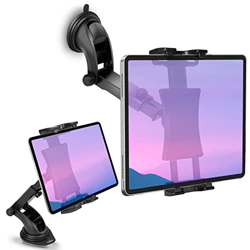 Car Dashboard & Windshield Tablet Mount Holder, 360° Rotation Window Dash Stand for iPad Pro 12.9/11/10.5/9.7/Air/Mini, Samsung Galaxy Tab, 4.7-12.9' Tablets & Phone, TPU Suction Cup Sticky Gel & Pad