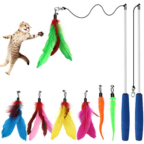 Cat Toys Feathers Wand, Interactive Cat Toy Kitten Toys 2 Retractable Cat Wand Toy and 7 Feather Teaser Refills with bells, Telescopic Cat Fishing Pole Toy for Indoor Bored Cats Gifts Exercise Pack