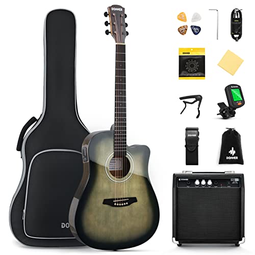 Donner Full Size Acoustic Electric Guitar for Beginner Intermediate with Amplifier Capo Strap Pick Tuner 41 Inch Acustica Electro Guitarra Kit