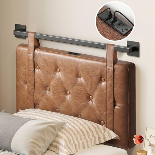 GREENSTELL Wall Mount Headboard with USB for Twin Size Bed, PU Leather Headboard Only, Industrial Pipe Modern Style, Brown Hanging Head Boards, Durable, Comfortable, Button Upholstered for Bedroom