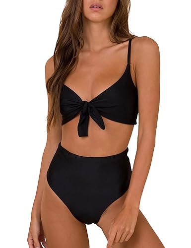 Blooming Jelly Womens High Waisted Bikini Set Tie Knot High Rise Two Piece Swimsuits Bathing Suits (Medium, Black)