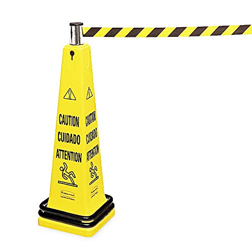 Rubbermaid Commercial 36-Inch Yellow Floor Safety Cone Barricade System with Belt Barrier, Multilingual 'Caution'