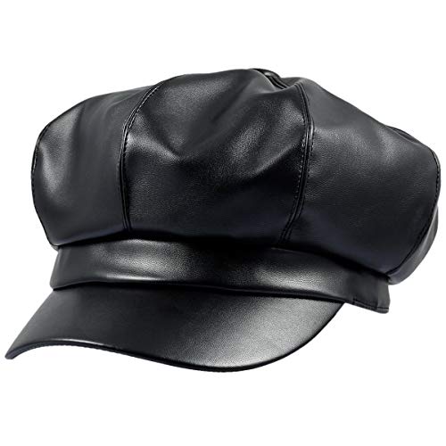 Sportmusies 8 Panels Newsboy Caps for Women, PU Leather Cabbie Painter Hat Gatsby Ivy Beret Cap, Black