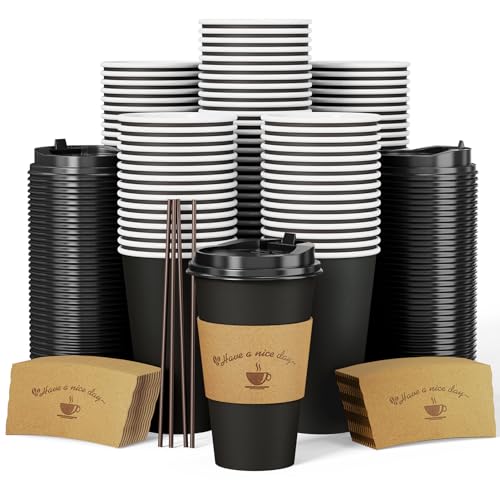 LITOPAK 100 Pack 16 oz Paper Coffee Cups, Drinking Cups for Hot Coffee Chocolate Drinks, Disposable Coffee Cups with Lids, Sleeves and Stirring Sticks, Black Hot Coffee Cups for Home and Cafes.
