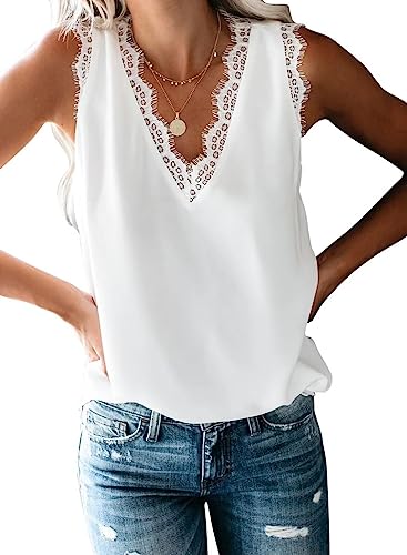 BLENCOT Women Lace Trim Tank Tops V Neck Fashion Casual Sleeveless Blouse Vest Shirts Medium White