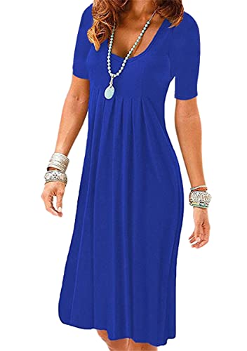 YMING Womens Short Sleeve Pleated Dresses Casual Knee Length Swing Dress Loose Fit Plain Sundress Royal Blue 2XL