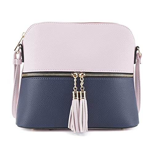 SG SUGU Lunar Lightweight Medium Dome Crossbody Bag Shoulder Bag with Double Tassels | Zipper Pocket | Adjustable Strap|Blush/Navy 1