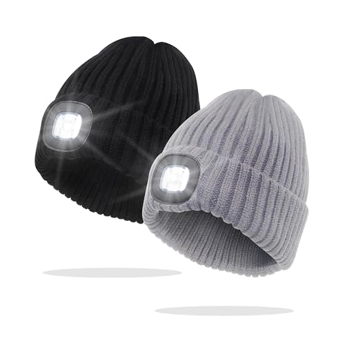 Beanie with Light, 2pcs Led Beanie Hats with Light,300mAh Warm USB Rechargeable Hats with Lights Built in, Winter Beanies for Men&Women, Uniqe Mens Gifts for Christmas Gray