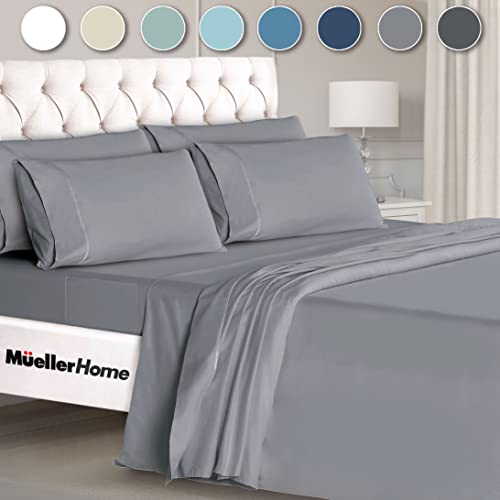 Mueller Luxury 6 Piece Queen Bed Sheets Set - Ultra-Soft 1800 Series, Cooling & Breathable Hotel Quality Bedding, Deep Pocket up to 16' - Hypoallergenic, Wrinkle-Resistant, Oeko-TEX, Light Gray