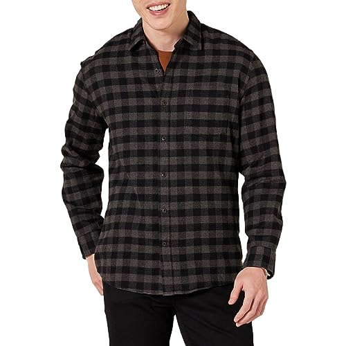 Amazon Essentials Men's Long-Sleeve Flannel Shirt (Available in Big & Tall), Charcoal Buffalo Plaid, Large
