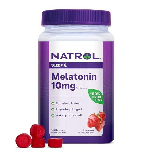 Natrol 10mg Melatonin Gummies, Sleep Support for Adults, Melatonin Supplements for Sleeping, 140 Strawberry-Flavored Gummies, 70 Day Supply