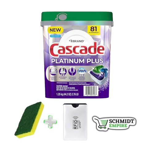 Cascade Platinum Plus Dishwasher Detergent Pacs, Fresh, 81-count + Cleaning Sponge + 1 Card Protector SchmiidtEmpire + Sticker (81ct - Pack of 1)