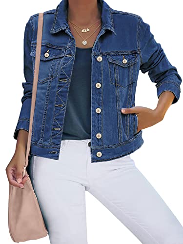 luvamia Women's Casual Basic Button Down Stretch Regular Fit Long Sleeves Denim Jean Jacket Jackets for Women Casual Nightfall Blue Size Small Fits Size 4 / Size 6