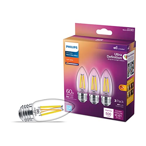 Philips LED Flicker-Free Clear Dimmable B11 Light Bulb - EyeComfort Technology - 500 Lumen - Soft White (2700K) - 5W=60W - E26 Base - Title 20 Certified - Ultra Definition - Indoor - 3-Pack