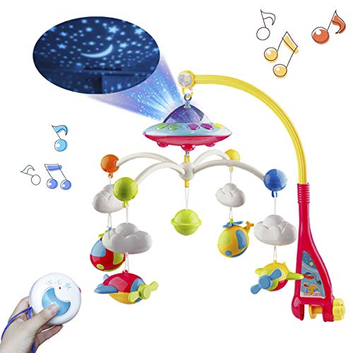 Mini Tudou Musical Baby Crib Mobile Toy with Lights and Music, Star Projector Function and Cartoon Rattles, Remote Control Musical Box with 108 Melodies, Toy for Newborn Sleep