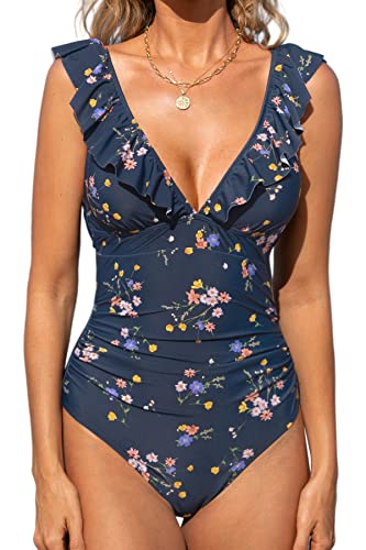 CUPSHE One Piece Swimsuit for Women Deep V Neck Ruffle Tummy Control Back Tie Bathing Suits