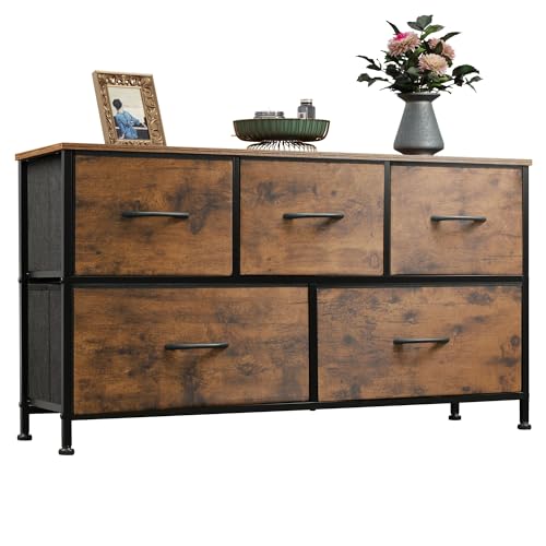 WLIVE Dresser for Bedroom with 5 Drawers, Wide Chest of Drawers, Fabric Dresser, Storage Organizer Unit with Fabric Bins for Closet, Living Room, Hallway, Rustic Brown Wood Grain Print