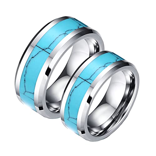 Custom Ring Engraving Tungsten, 8MM Turquoise Inlay Unique Wedding Ring Set for Him and Her Silver Blue, Women 7 & Men 10