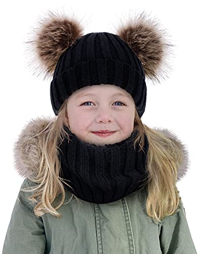 Simplicity Toddler Winter Hat 2-in-1 Beanie Hat Scarf Set for Boys Girls Kids Knitted Fleece Lined Beanie Toddler Beanies for Boys with Neck Warmer, Black