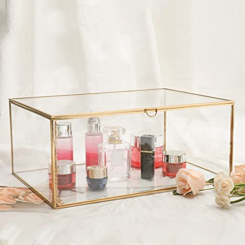 HighFree 13' Copper Golden Vintage Glass Lidded Box, Decorative Jewelry Keepsake Display Clear Glass Box, Rings Bracelet Golden Organizer