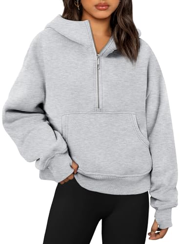 Trendy Queen Womens Hoodies Half Zip Pullover Oversized Sweatshirts Quarter Zip Pullover Fall Outfits Fashion Clothes 2024 Long Sleeve Fleece Winter Sweaters Jackets Y2k Cute Teen Girls Grey